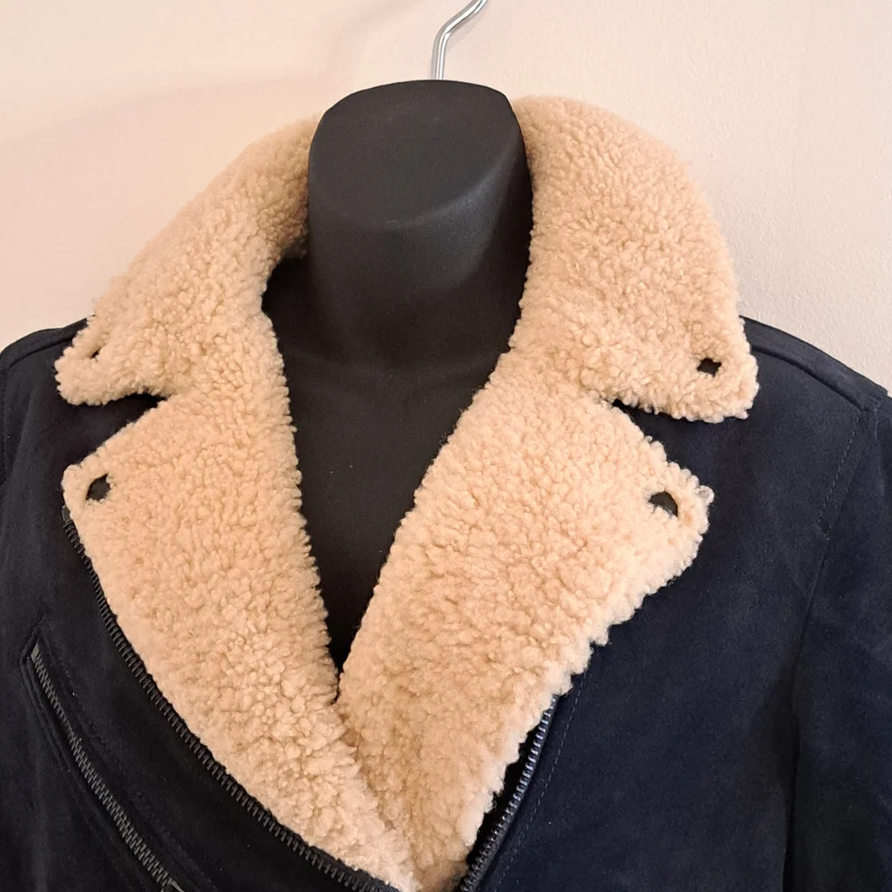 Coach Blue Suede Motorcyle Jacket with Cream Shearling  Collar Misses Size MED